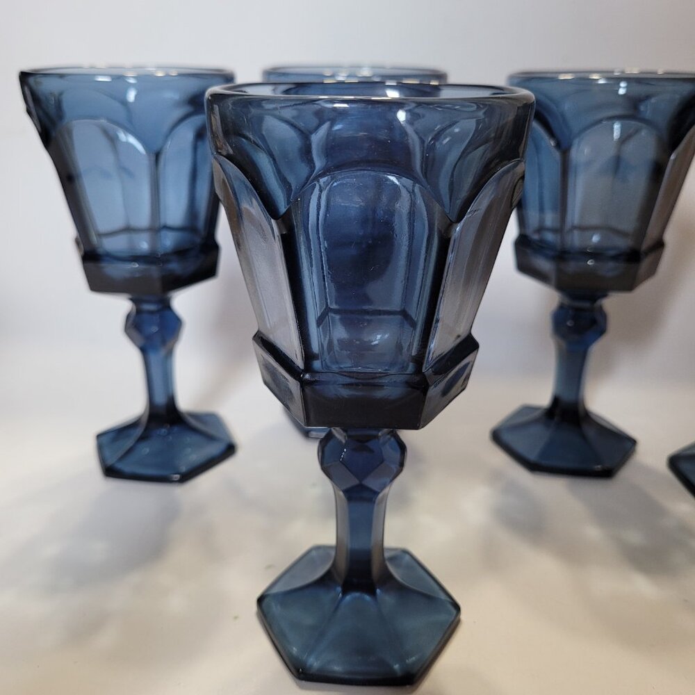 Fostoria Vintage 80s Stemmed Wine Water Glass Goblet Set of 5 Blue